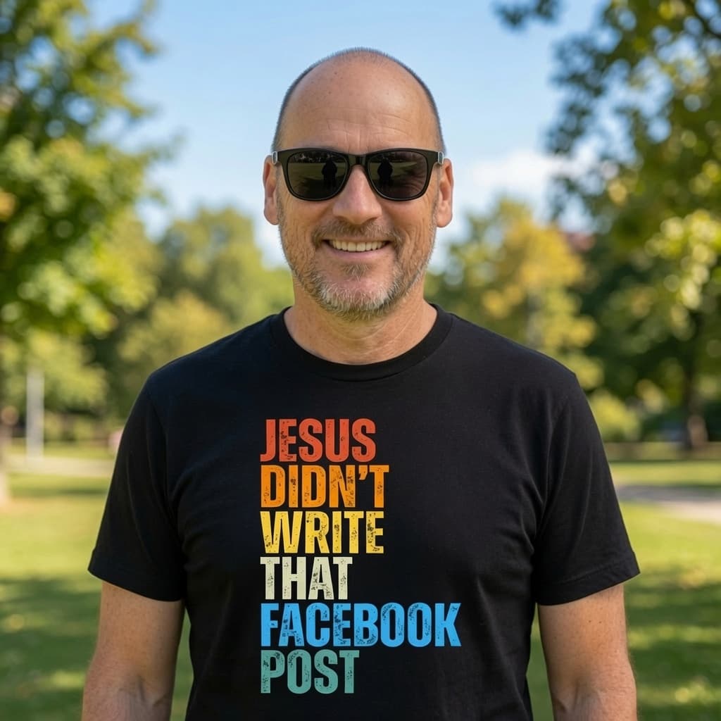 Lance Ford wearing the “Jesus Didn’t Write That Facebook Post” tee